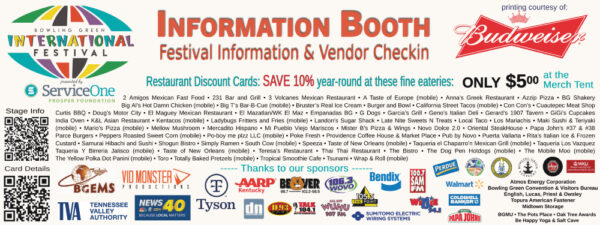 Festival information booth banner from 2023 with sponsors and restaurant discount card participants